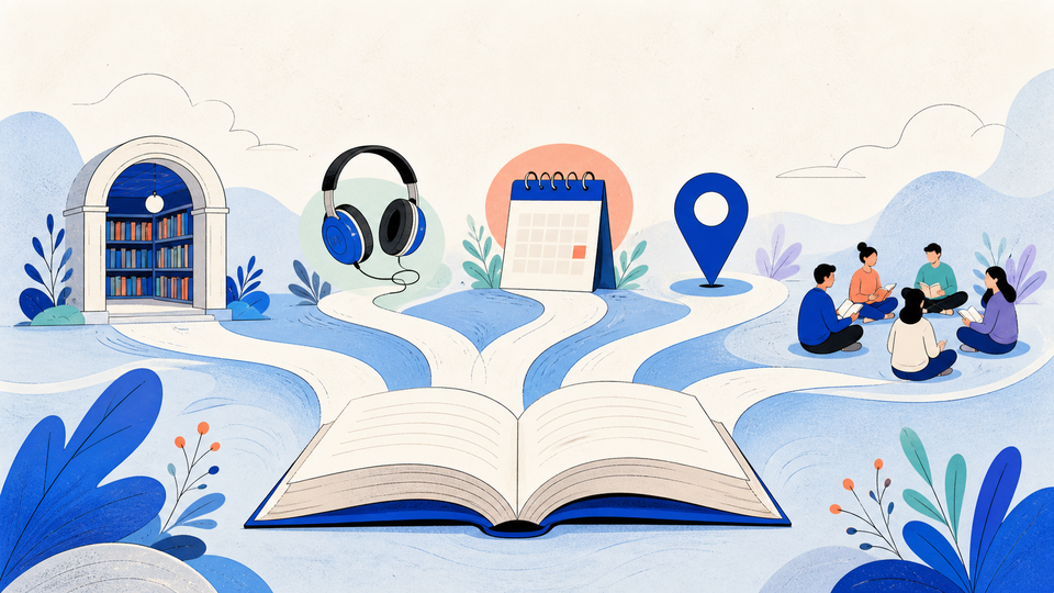 Открытая книга и пути к библиотеке, аудио, событиям и читательскому сообществу